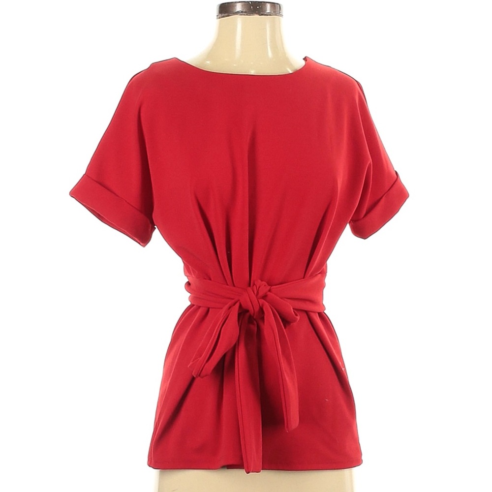 Worthington Red Tie-Front Short-Sleeve Tailored Blouse (Small)
